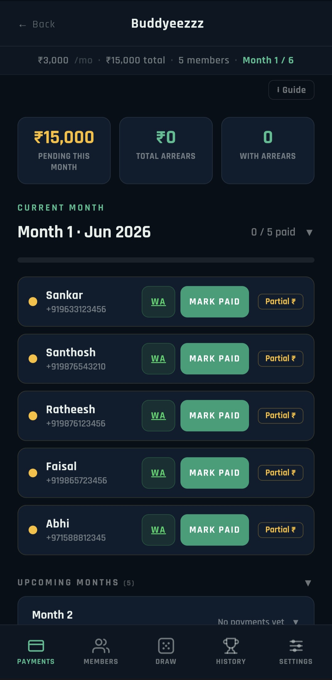 Payment rows with WhatsApp reminder buttons